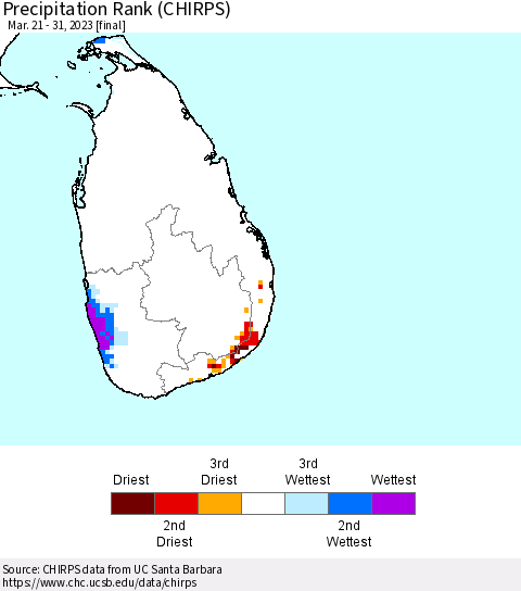 Sri Lanka Precipitation Rank since 1981 (CHIRPS) Thematic Map For 3/21/2023 - 3/31/2023