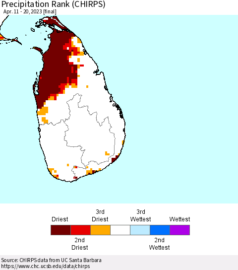 Sri Lanka Precipitation Rank since 1981 (CHIRPS) Thematic Map For 4/11/2023 - 4/20/2023