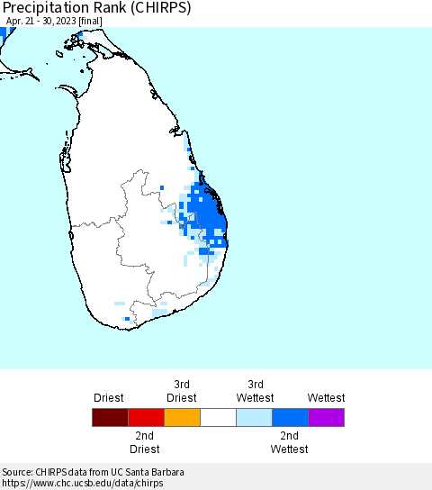 Sri Lanka Precipitation Rank since 1981 (CHIRPS) Thematic Map For 4/21/2023 - 4/30/2023