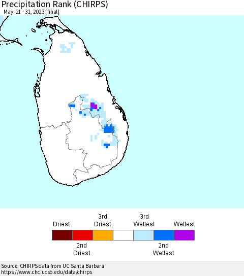 Sri Lanka Precipitation Rank since 1981 (CHIRPS) Thematic Map For 5/21/2023 - 5/31/2023