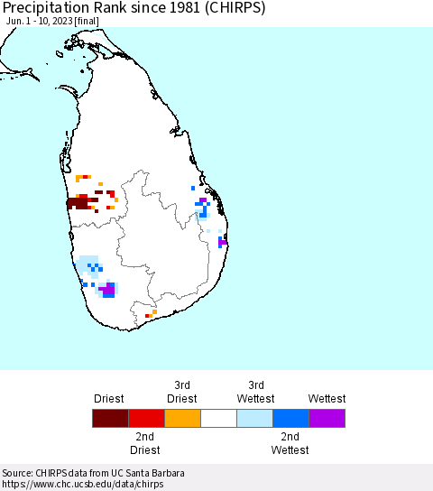 Sri Lanka Precipitation Rank since 1981 (CHIRPS) Thematic Map For 6/1/2023 - 6/10/2023