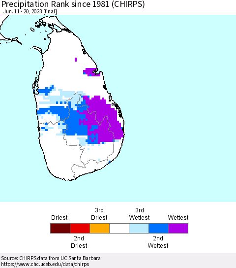 Sri Lanka Precipitation Rank since 1981 (CHIRPS) Thematic Map For 6/11/2023 - 6/20/2023