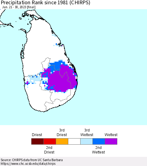 Sri Lanka Precipitation Rank since 1981 (CHIRPS) Thematic Map For 6/21/2023 - 6/30/2023