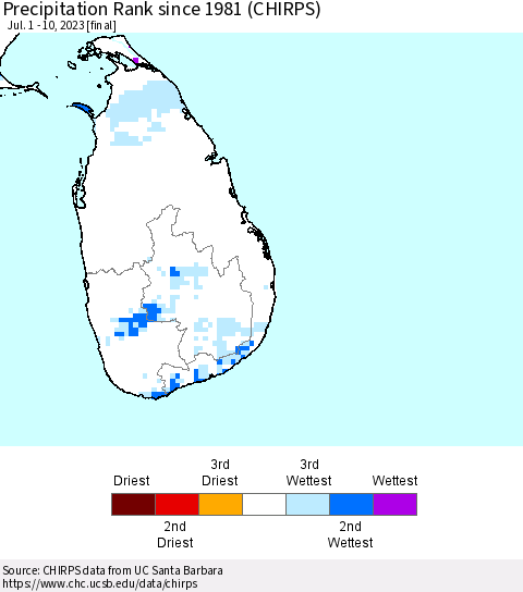 Sri Lanka Precipitation Rank since 1981 (CHIRPS) Thematic Map For 7/1/2023 - 7/10/2023