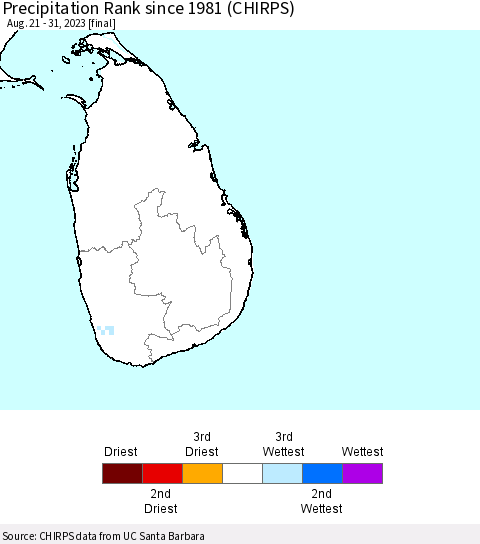 Sri Lanka Precipitation Rank since 1981 (CHIRPS) Thematic Map For 8/21/2023 - 8/31/2023