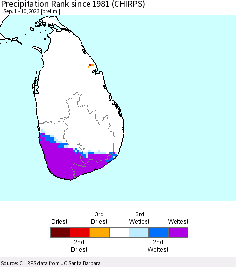 Sri Lanka Precipitation Rank since 1981 (CHIRPS) Thematic Map For 9/1/2023 - 9/10/2023