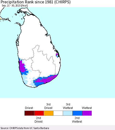 Sri Lanka Precipitation Rank since 1981 (CHIRPS) Thematic Map For 9/21/2023 - 9/30/2023
