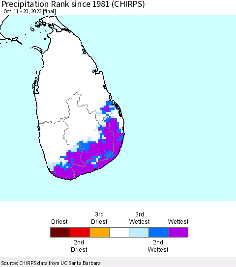 Sri Lanka Precipitation Rank since 1981 (CHIRPS) Thematic Map For 10/11/2023 - 10/20/2023