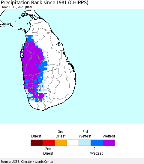 Sri Lanka Precipitation Rank since 1981 (CHIRPS) Thematic Map For 11/1/2023 - 11/10/2023