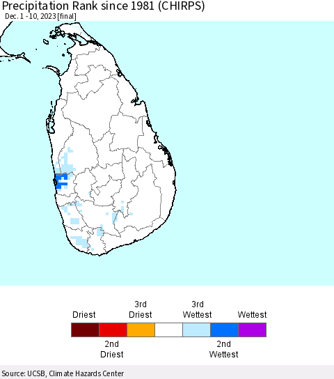 Sri Lanka Precipitation Rank since 1981 (CHIRPS) Thematic Map For 12/1/2023 - 12/10/2023