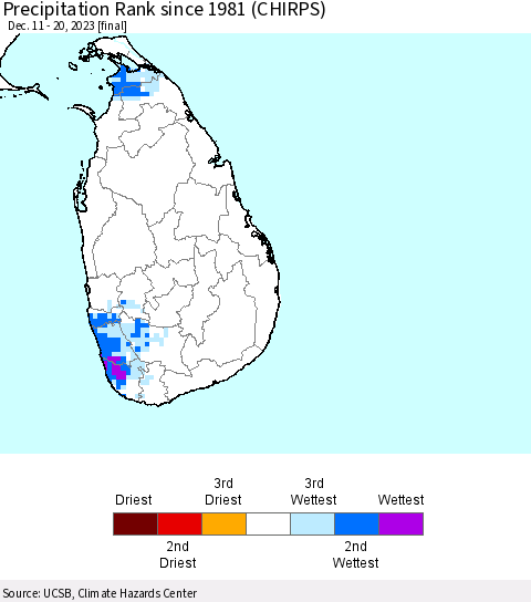 Sri Lanka Precipitation Rank since 1981 (CHIRPS) Thematic Map For 12/11/2023 - 12/20/2023