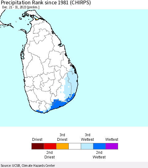 Sri Lanka Precipitation Rank since 1981 (CHIRPS) Thematic Map For 12/21/2023 - 12/31/2023