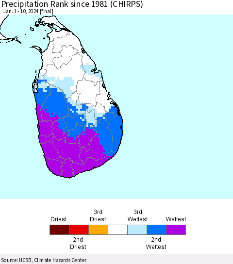 Sri Lanka Precipitation Rank since 1981 (CHIRPS) Thematic Map For 1/1/2024 - 1/10/2024