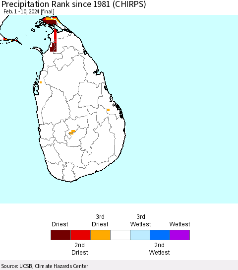 Sri Lanka Precipitation Rank since 1981 (CHIRPS) Thematic Map For 2/1/2024 - 2/10/2024