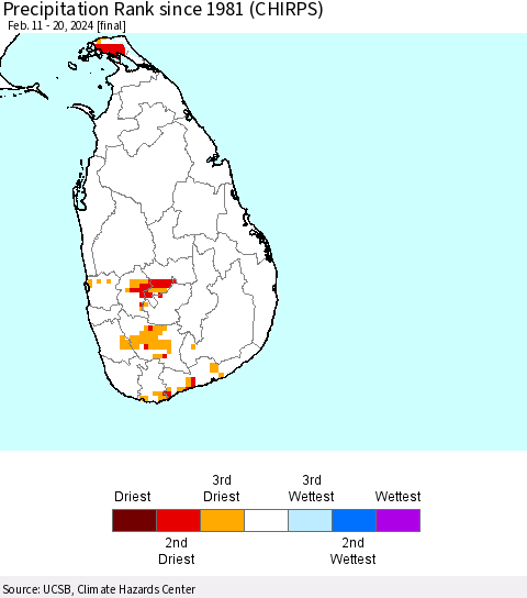 Sri Lanka Precipitation Rank since 1981 (CHIRPS) Thematic Map For 2/11/2024 - 2/20/2024