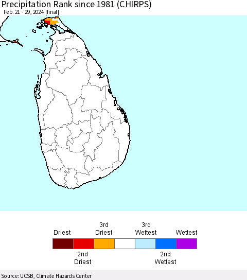 Sri Lanka Precipitation Rank since 1981 (CHIRPS) Thematic Map For 2/21/2024 - 2/29/2024