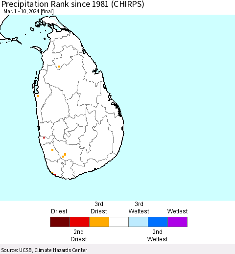 Sri Lanka Precipitation Rank since 1981 (CHIRPS) Thematic Map For 3/1/2024 - 3/10/2024