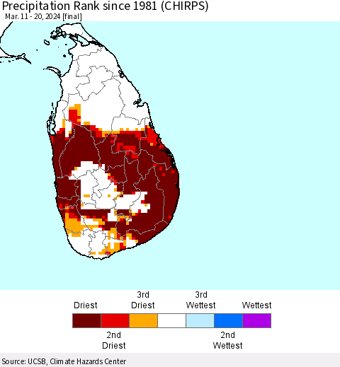 Sri Lanka Precipitation Rank since 1981 (CHIRPS) Thematic Map For 3/11/2024 - 3/20/2024