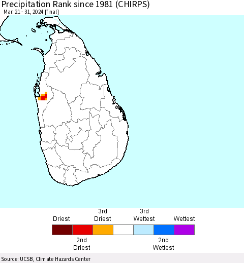 Sri Lanka Precipitation Rank since 1981 (CHIRPS) Thematic Map For 3/21/2024 - 3/31/2024
