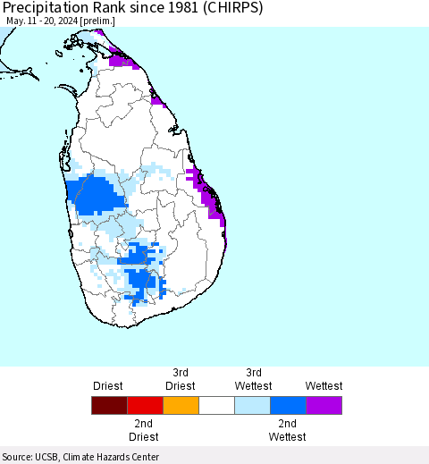 Sri Lanka Precipitation Rank since 1981 (CHIRPS) Thematic Map For 5/11/2024 - 5/20/2024