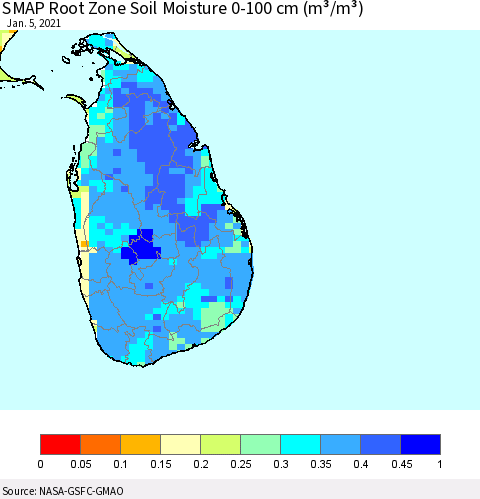 Sri Lanka SMAP Root Zone (0-100 cm) Soil Moisture (m³/m³) Thematic Map For 1/1/2021 - 1/5/2021