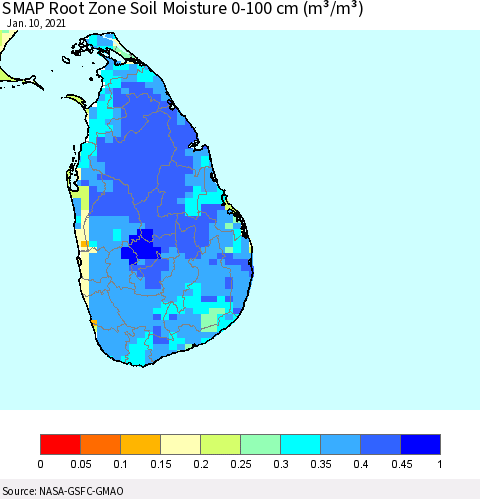 Sri Lanka SMAP Root Zone (0-100 cm) Soil Moisture (m³/m³) Thematic Map For 1/6/2021 - 1/10/2021