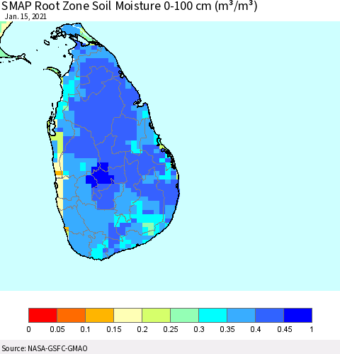 Sri Lanka SMAP Root Zone (0-100 cm) Soil Moisture (m³/m³) Thematic Map For 1/11/2021 - 1/15/2021