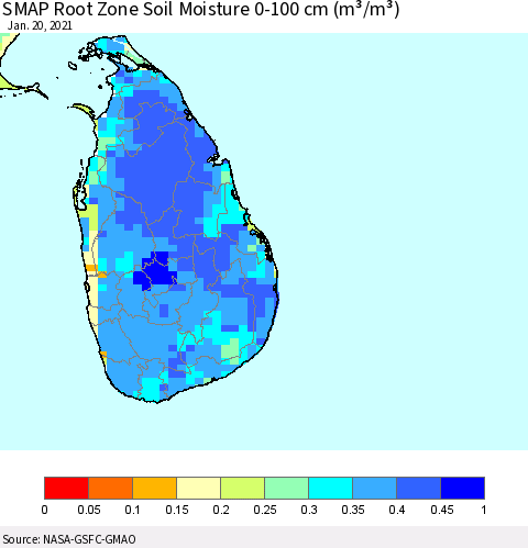 Sri Lanka SMAP Root Zone (0-100 cm) Soil Moisture (m³/m³) Thematic Map For 1/16/2021 - 1/20/2021