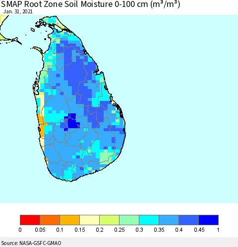 Sri Lanka SMAP Root Zone (0-100 cm) Soil Moisture (m³/m³) Thematic Map For 1/26/2021 - 1/31/2021