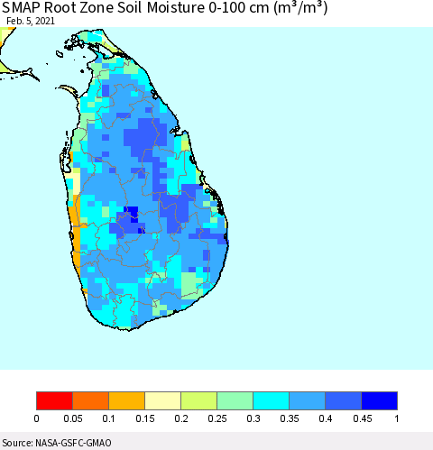Sri Lanka SMAP Root Zone (0-100 cm) Soil Moisture (m³/m³) Thematic Map For 2/1/2021 - 2/5/2021