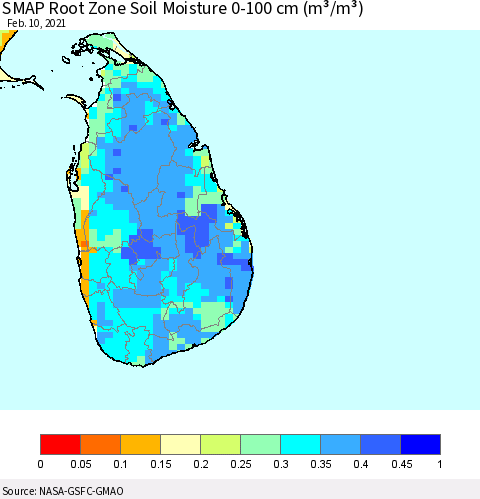 Sri Lanka SMAP Root Zone (0-100 cm) Soil Moisture (m³/m³) Thematic Map For 2/6/2021 - 2/10/2021