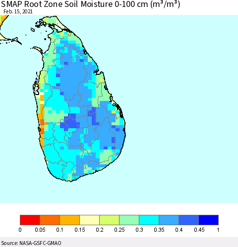 Sri Lanka SMAP Root Zone (0-100 cm) Soil Moisture (m³/m³) Thematic Map For 2/11/2021 - 2/15/2021