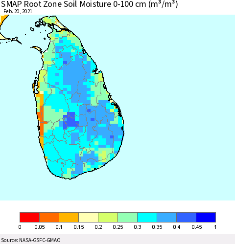 Sri Lanka SMAP Root Zone (0-100 cm) Soil Moisture (m³/m³) Thematic Map For 2/16/2021 - 2/20/2021