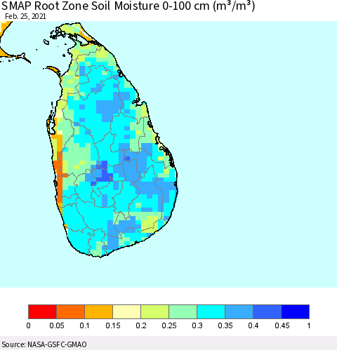 Sri Lanka SMAP Root Zone (0-100 cm) Soil Moisture (m³/m³) Thematic Map For 2/21/2021 - 2/25/2021