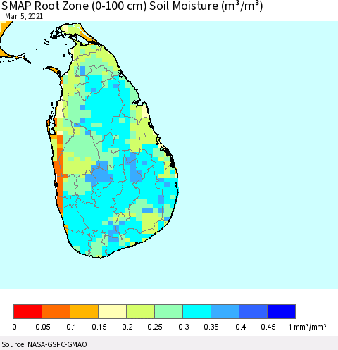 Sri Lanka SMAP Root Zone (0-100 cm) Soil Moisture (m³/m³) Thematic Map For 3/1/2021 - 3/5/2021