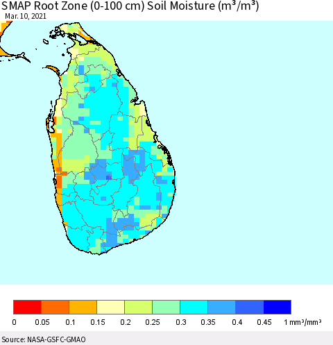 Sri Lanka SMAP Root Zone (0-100 cm) Soil Moisture (m³/m³) Thematic Map For 3/6/2021 - 3/10/2021