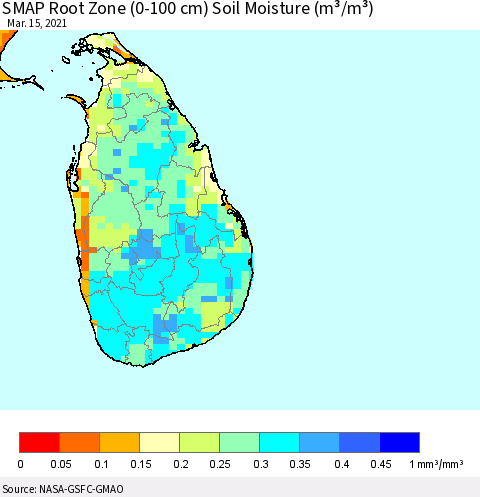 Sri Lanka SMAP Root Zone (0-100 cm) Soil Moisture (m³/m³) Thematic Map For 3/11/2021 - 3/15/2021