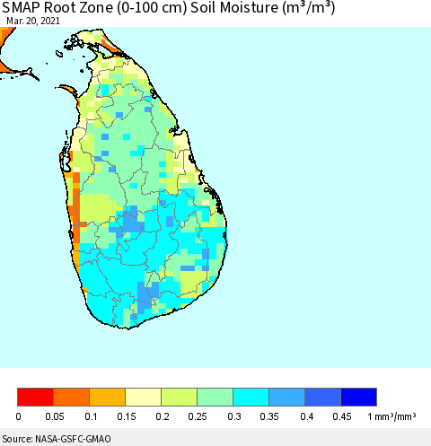 Sri Lanka SMAP Root Zone (0-100 cm) Soil Moisture (m³/m³) Thematic Map For 3/16/2021 - 3/20/2021
