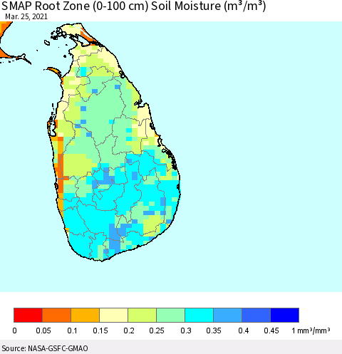 Sri Lanka SMAP Root Zone (0-100 cm) Soil Moisture (m³/m³) Thematic Map For 3/21/2021 - 3/25/2021