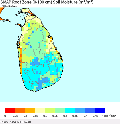 Sri Lanka SMAP Root Zone (0-100 cm) Soil Moisture (m³/m³) Thematic Map For 3/26/2021 - 3/31/2021