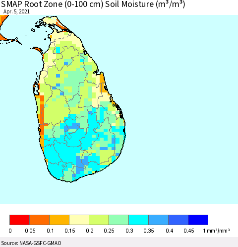 Sri Lanka SMAP Root Zone (0-100 cm) Soil Moisture (m³/m³) Thematic Map For 4/1/2021 - 4/5/2021
