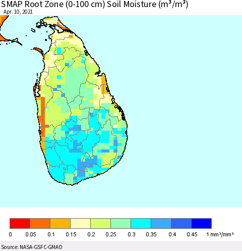 Sri Lanka SMAP Root Zone (0-100 cm) Soil Moisture (m³/m³) Thematic Map For 4/6/2021 - 4/10/2021