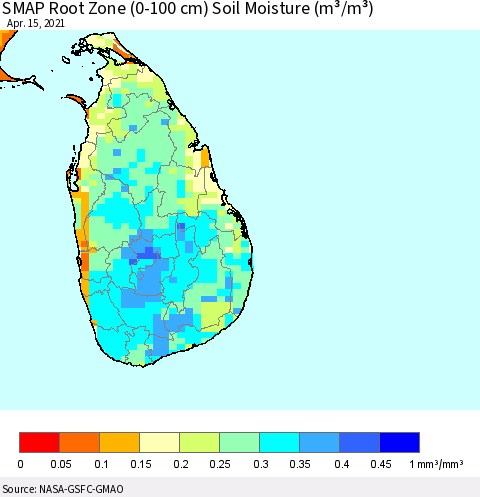 Sri Lanka SMAP Root Zone (0-100 cm) Soil Moisture (m³/m³) Thematic Map For 4/11/2021 - 4/15/2021