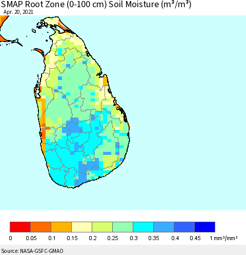 Sri Lanka SMAP Root Zone (0-100 cm) Soil Moisture (m³/m³) Thematic Map For 4/16/2021 - 4/20/2021