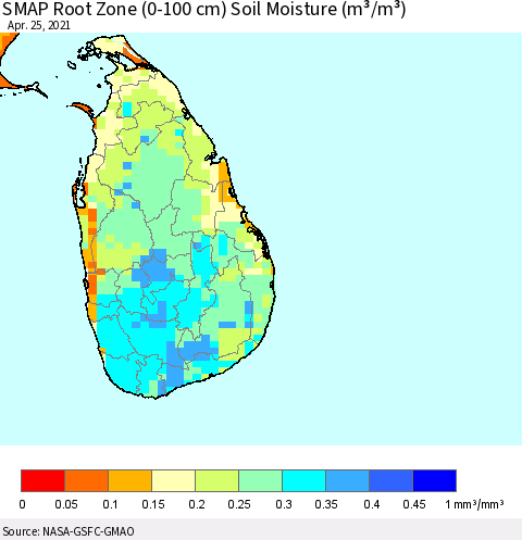 Sri Lanka SMAP Root Zone (0-100 cm) Soil Moisture (m³/m³) Thematic Map For 4/21/2021 - 4/25/2021