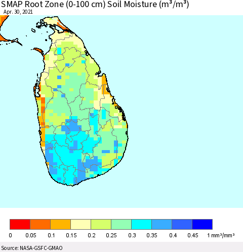 Sri Lanka SMAP Root Zone (0-100 cm) Soil Moisture (m³/m³) Thematic Map For 4/26/2021 - 4/30/2021