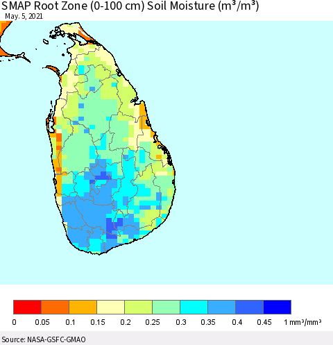 Sri Lanka SMAP Root Zone (0-100 cm) Soil Moisture (m³/m³) Thematic Map For 5/1/2021 - 5/5/2021