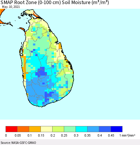 Sri Lanka SMAP Root Zone (0-100 cm) Soil Moisture (m³/m³) Thematic Map For 5/6/2021 - 5/10/2021