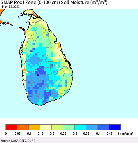 Sri Lanka SMAP Root Zone (0-100 cm) Soil Moisture (m³/m³) Thematic Map For 5/11/2021 - 5/15/2021