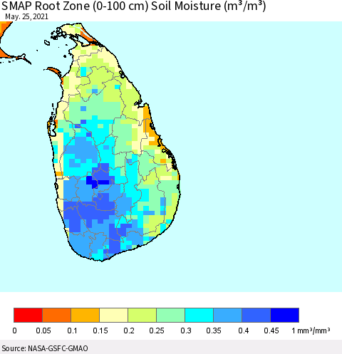 Sri Lanka SMAP Root Zone (0-100 cm) Soil Moisture (m³/m³) Thematic Map For 5/21/2021 - 5/25/2021